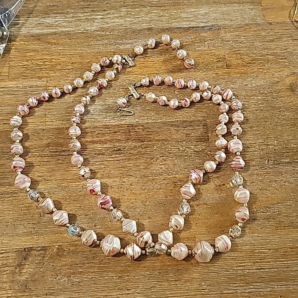 Vintage Hong Kong Pink Splatter lucite and crystals necklace
